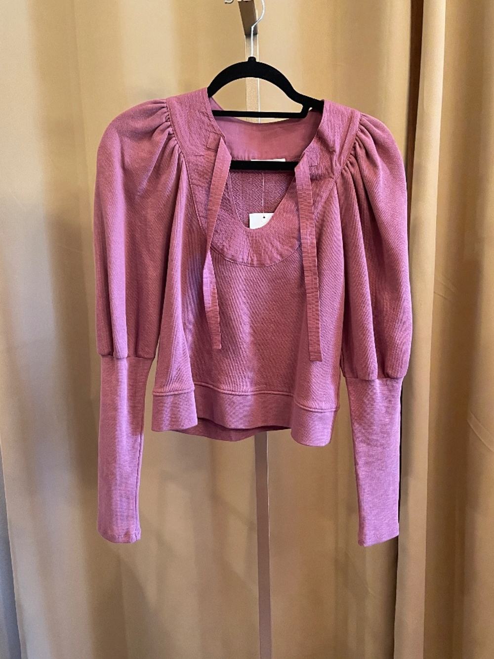 NEW! Ulla Johnson Dusty Rose Long Sleeve Knit Tie Front Puff Sleeve Crop Top